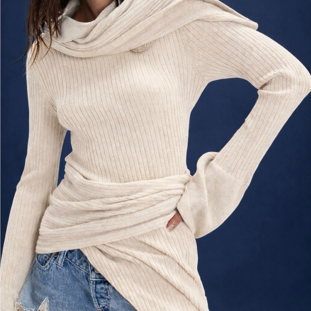 FP Movement by Free People Cream Ribbed Wrap Pullover